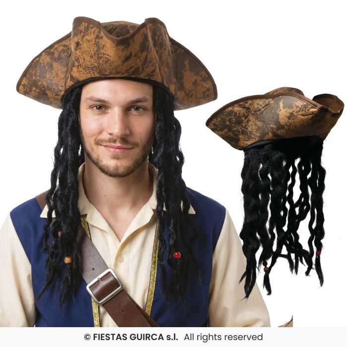Pirate Hat With Hair Adults Fancy Dress Carribean Pirate Mens Ladies Deluxe