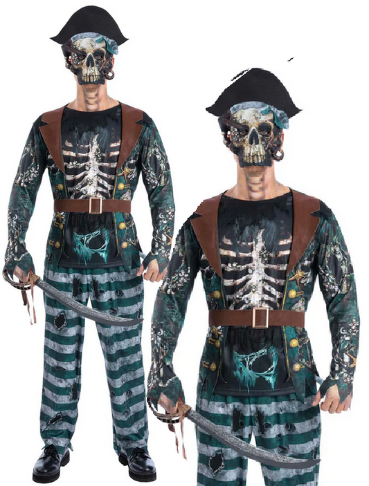 Skeleton Pirate Captain Costume Mens Halloween Fancy Dress Pirates Outfit