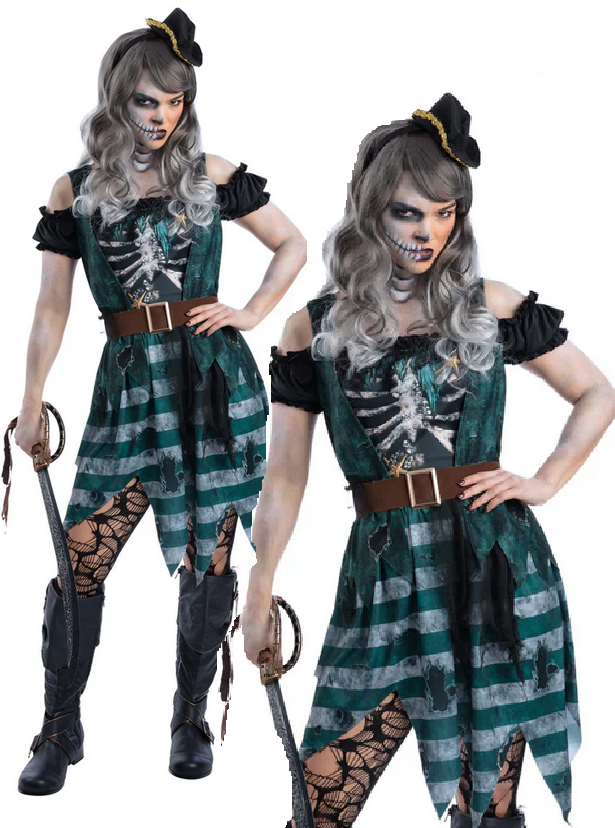 Skeleton Pirate Wench Captain Costume Ladies Halloween Fancy Dress Pirates Outfit