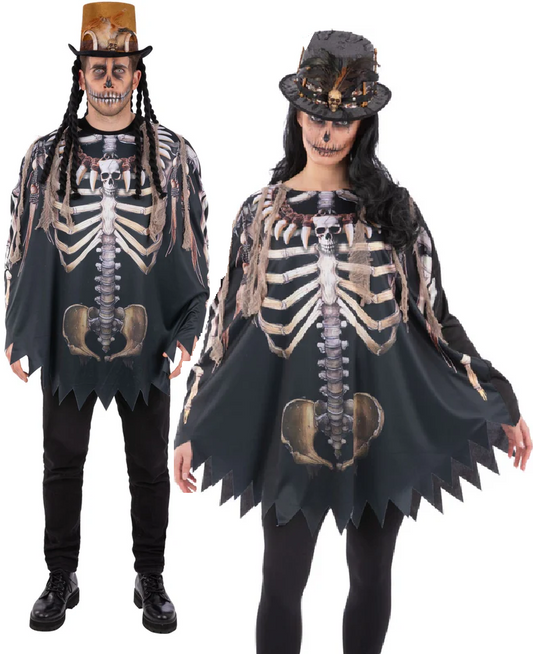 Adult Unisex Voodoo Witch Doctor Poncho Halloween Skeleton Fancy Dress Mens Ladies