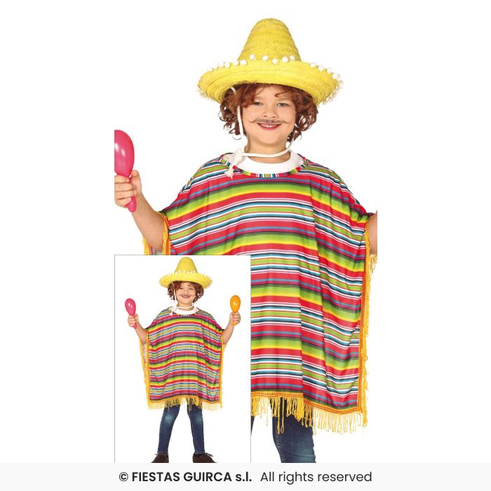 Mexican Poncho Costume Kids Fancy Dress Accessory Mexico Coloured Ponco Age 7-9