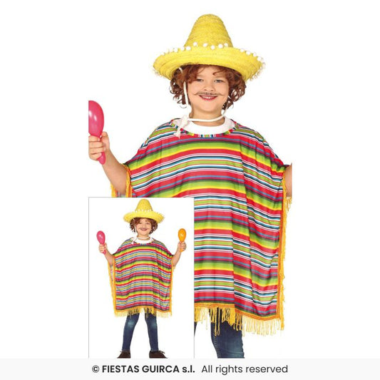 Mexican Poncho Costume Kids Fancy Dress Accessory Mexico Coloured Ponco Age 7-9