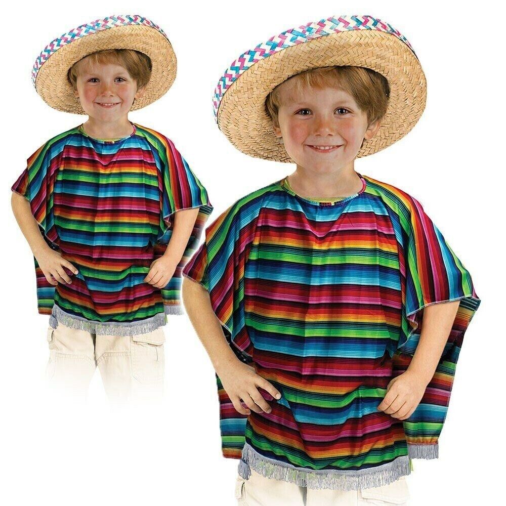 Kids Mexican Poncho Wild Western Bandit Boys Girls Childs Fancy Dress Costume