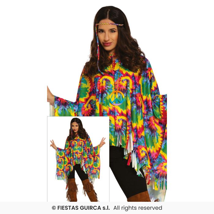 Colourful Hippie Poncho 70s Flower Power Hippy Retro Ladies Fancy Dress Costume