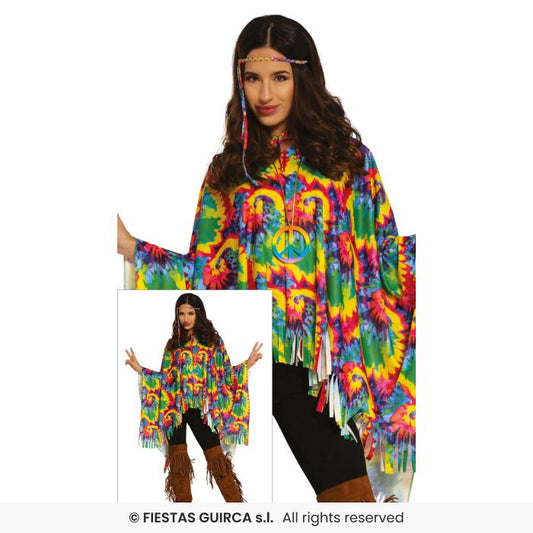 Colourful Hippie Poncho 70s Flower Power Hippy Retro Ladies Fancy Dress Costume