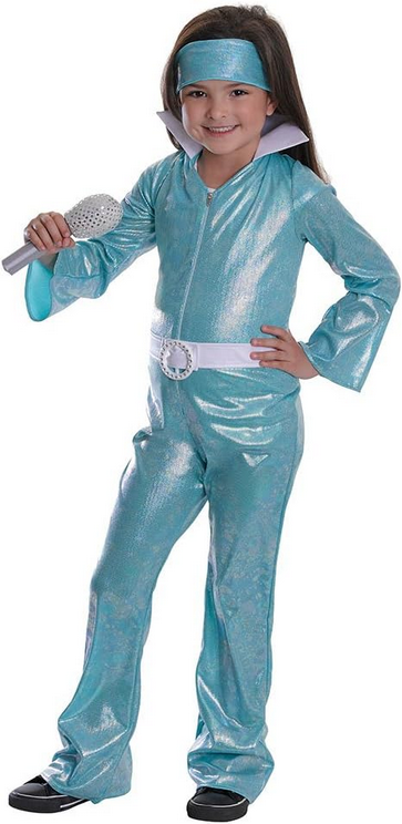 Pop Star Diva Girls 60s 70s Fancy Dress Costume Metallic Catsuit Age 5-7