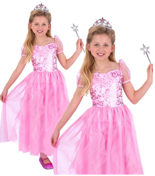 Pink Princess Costume Girls Good Witch Fairytale Fancy Dress Outfit Age 4-12