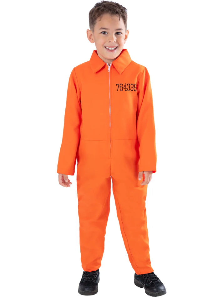 Boys Prisoner Costume Orange Convict Kids Halloween Fancy Dress Boiler Suit Age 4-14