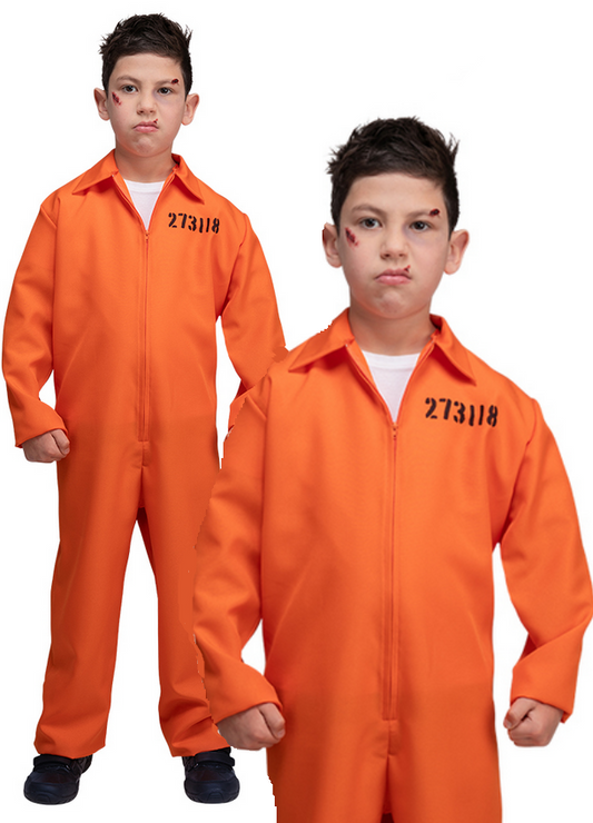Orange Convict Prisoner Overalls Kids Fancy Dress Costume Boys Girls Halloween