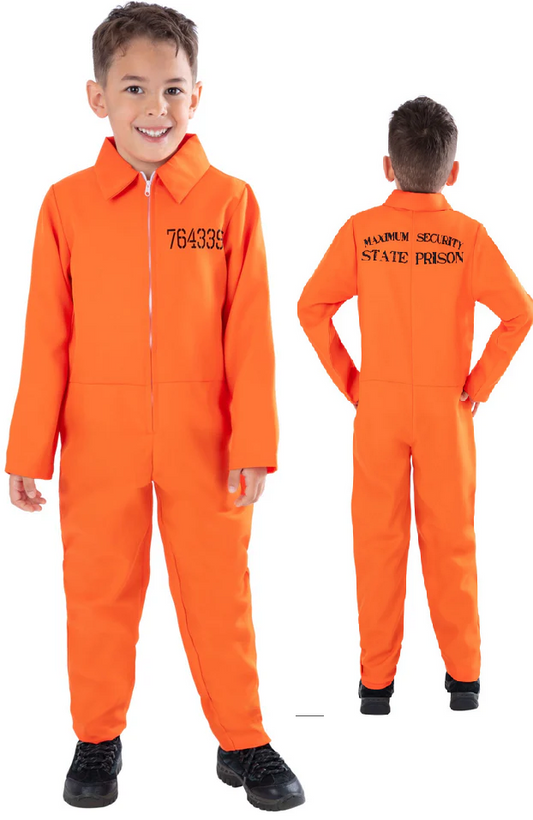 Boys Prisoner Costume Orange Convict Kids Halloween Fancy Dress Boiler Suit Age 4-14