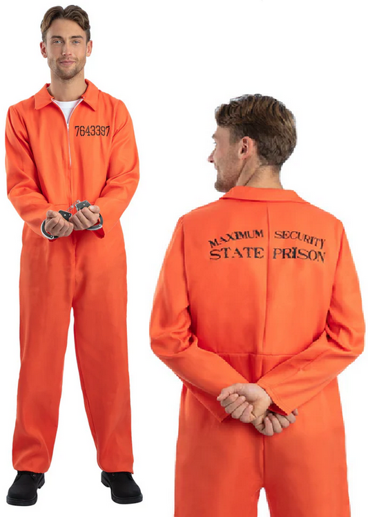 Prisoner Costume Inmate Jumpsuit Death Row Adult Mens Fancy Dress Costume New