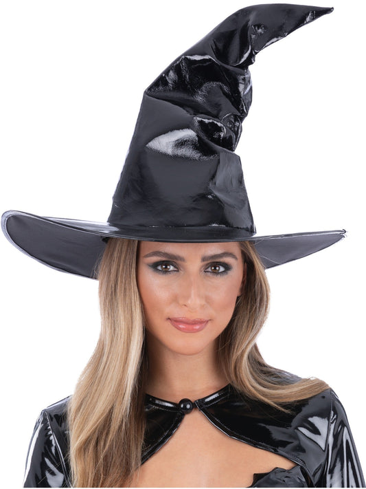Fever Wetlook Witch Hat Ladies Halloween Witches Hat Black PVC Fancy Dress