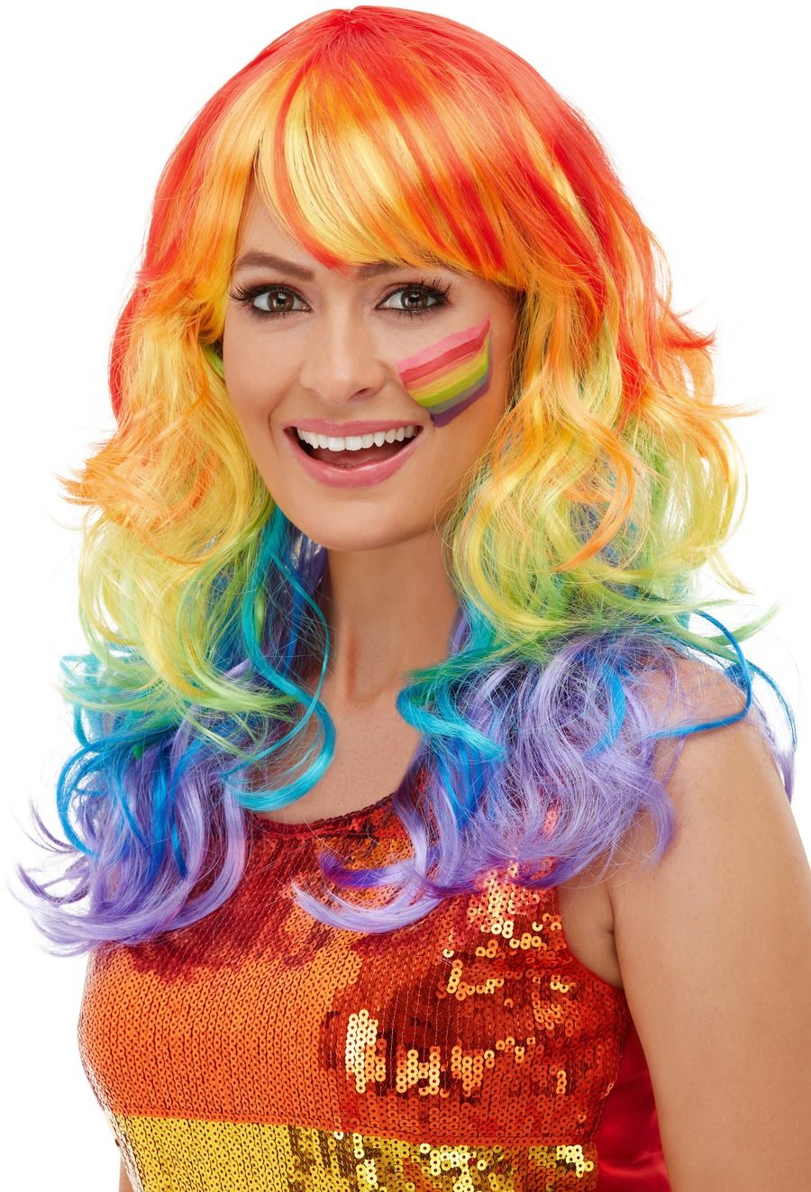Long Curly Glamour Wig Multi Coloured Rainbow Pride Fancy Dress Accessory