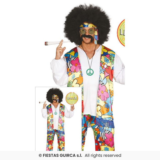 Mens Rainbow Hippie Costume Retro 60s 70s Hippy Adults Fancy Dress Outfit Peace M-XL