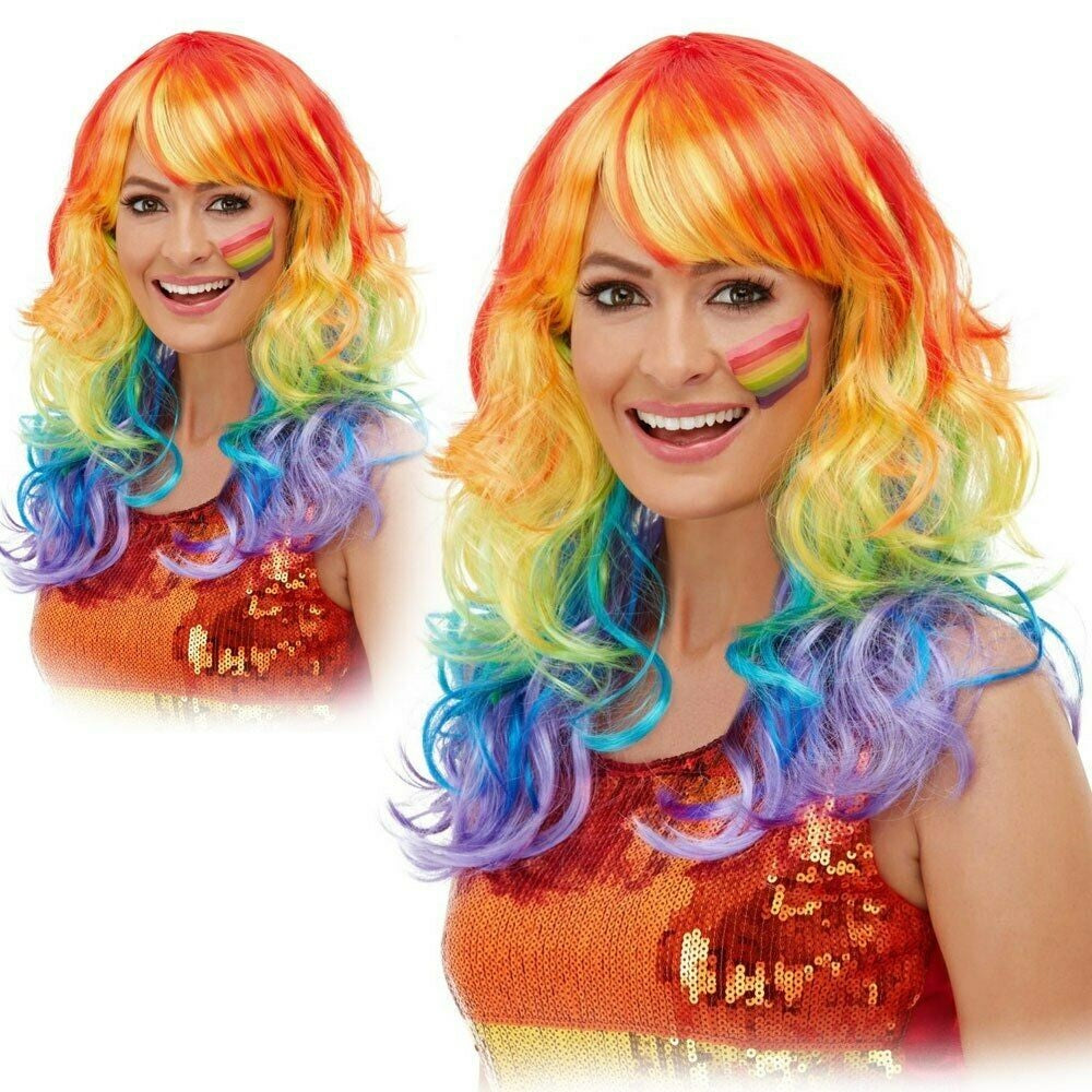 Long Curly Glamour Wig Multi Coloured Rainbow Pride Fancy Dress Accessory
