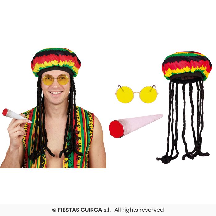 Rasta Kit Mens Jamacian Man Hat Glasses & Cig Fancy Dress
