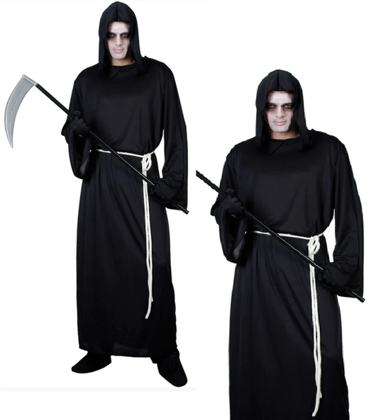 Grim Reaper Costume Mens Halloween Reapers Black Robe Fancy Dress Outfit