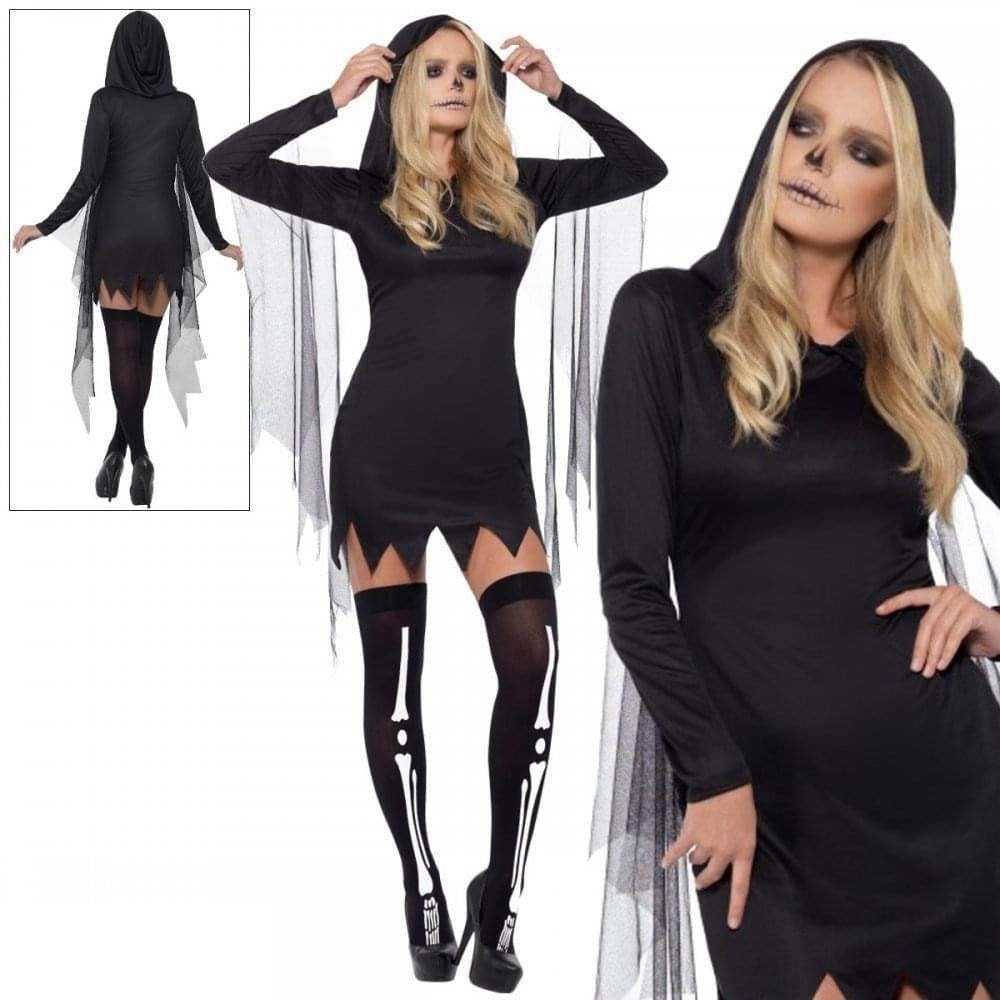 Ladies Skeleton Grim Reaper Costume Hooded Halloween Fancy Dress Womens Fever