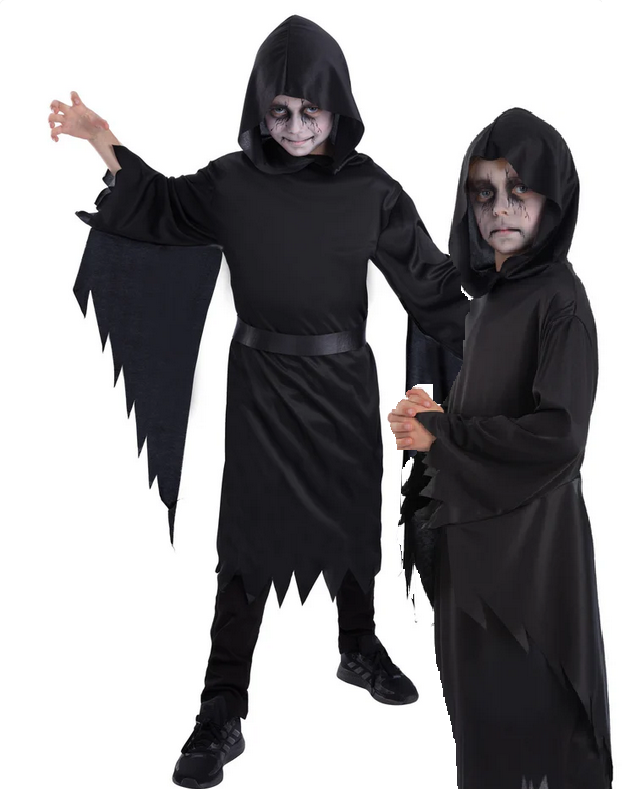 Boys Grim Reaper Costume Black Robe Ghoul Scary Halloween Fancy Dress New