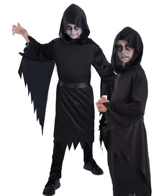 Boys Grim Reaper Costume Black Robe Ghoul Scary Halloween Fancy Dress New