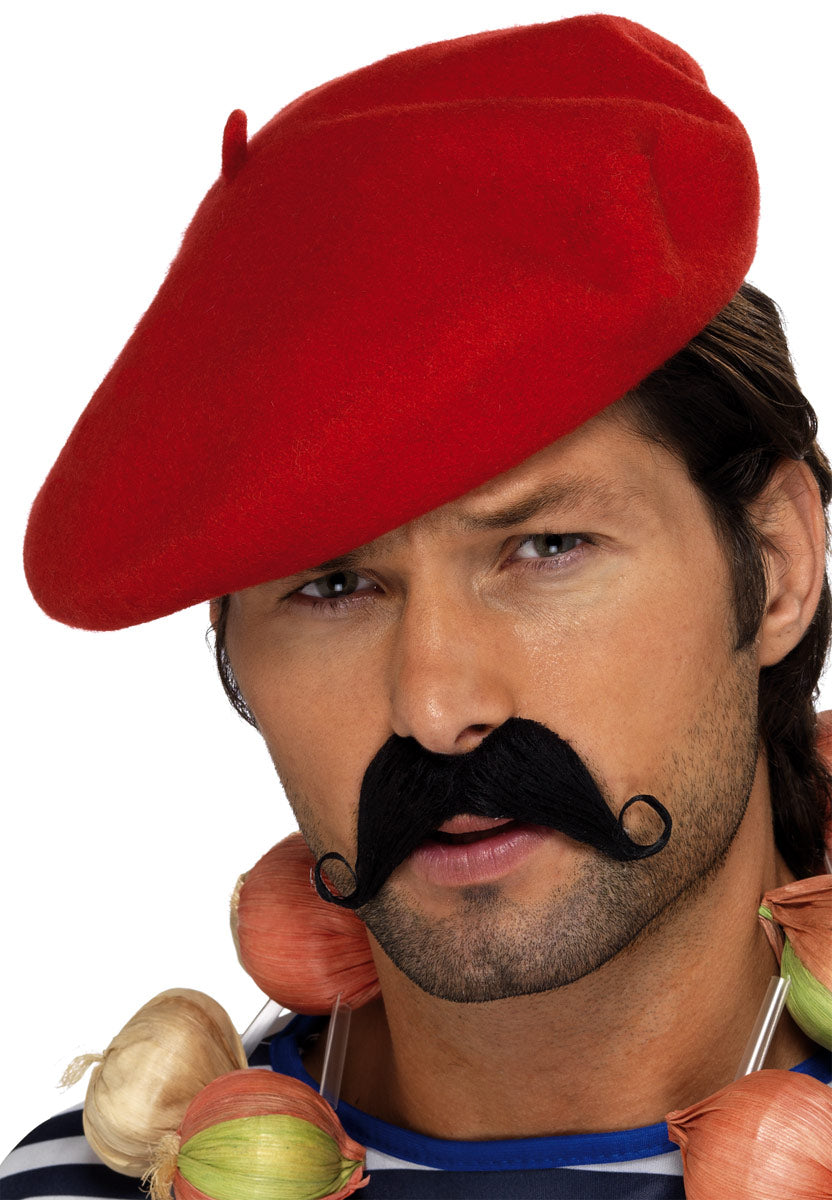 French Mens Red Beret Hat Adults Fancy Dress National Dress Accessory