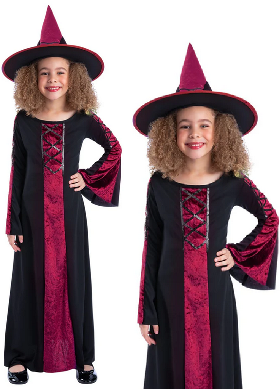 Bewitched Red Girls Witch Costume Halloween Witches Fancy Dress Age 4-12