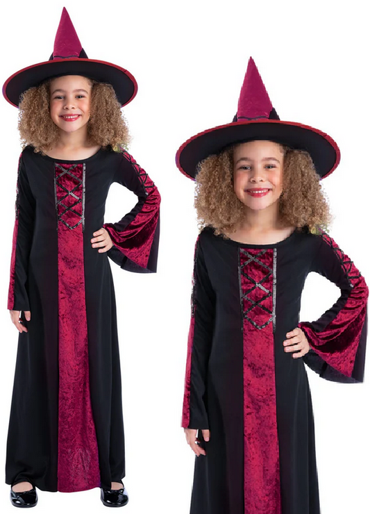 Bewitched Red Girls Witch Costume Halloween Witches Fancy Dress Age 4-12