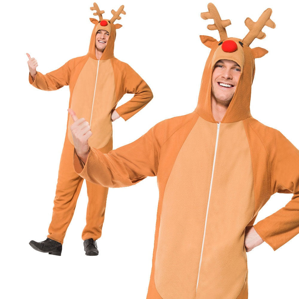 Mens Reindeer Jump Suit Costume Adult Christmas Rudolph Fancy Dress Xmas New