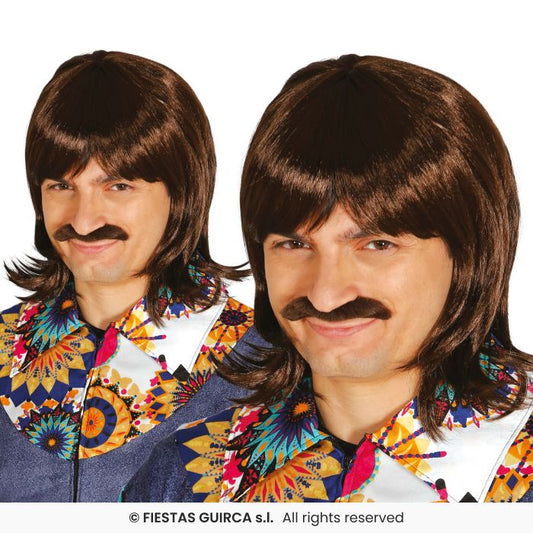 Brown Wig With Mustache Adults 1970s 80s Retro Disco Wig + Tash Fancy Dress