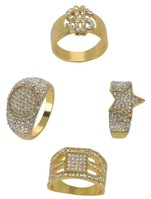 90s Gold & Diamond Bling Rings Rap Rapper Adults Fancy Dress Accessory