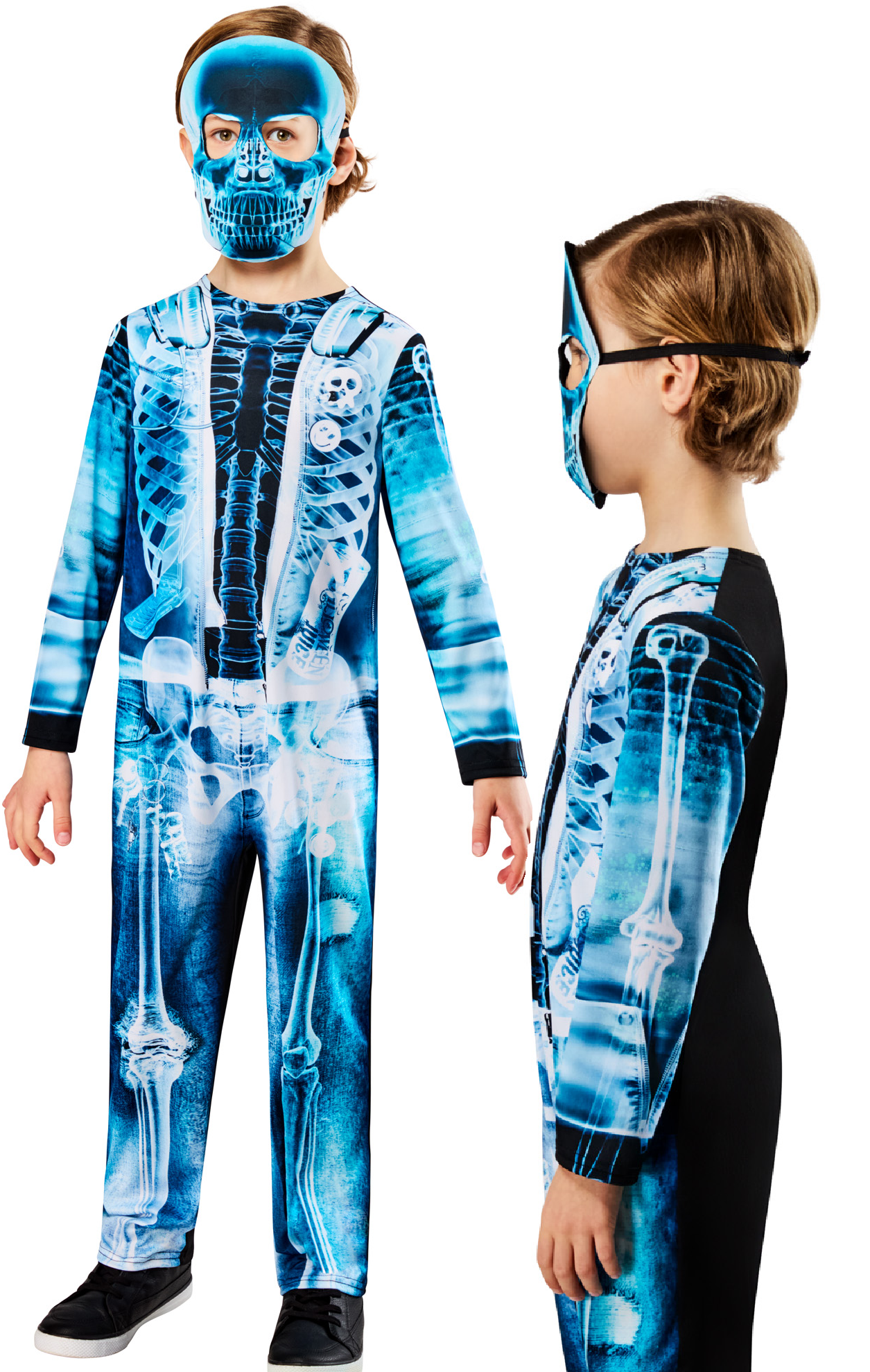 X-Ray Skeleton Costume Halloween Kids Neon Blue Fancy Dress Outfit Boys Girls