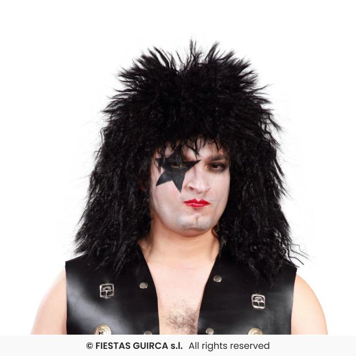 Black Rocker Wig Mens 80s Fancy Dress Crimped Rock Wig Adults Accessory