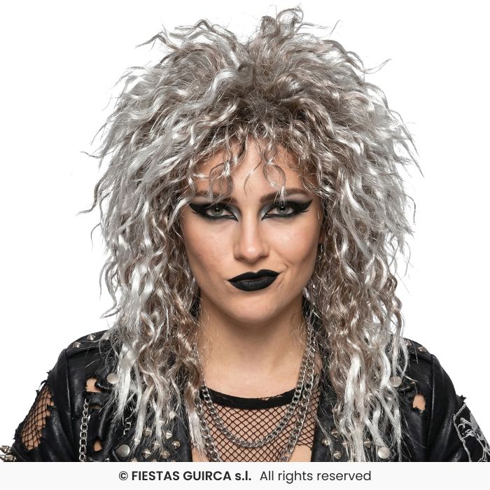 Rocker Wig Grey & Blonde Crimped Rock Star 80s Wig Fancy Dress Ladies Adults