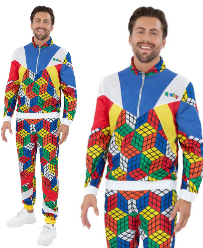 Rubiks Cube Adults Licensed Retro 80s Fancy Dress Costume Mens Ladies Tracksuit 1980s