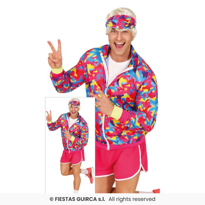 Mens Neon Retro Runner Costume 1980s Fancy Dress Outfit Aerobics Instructor M-XL