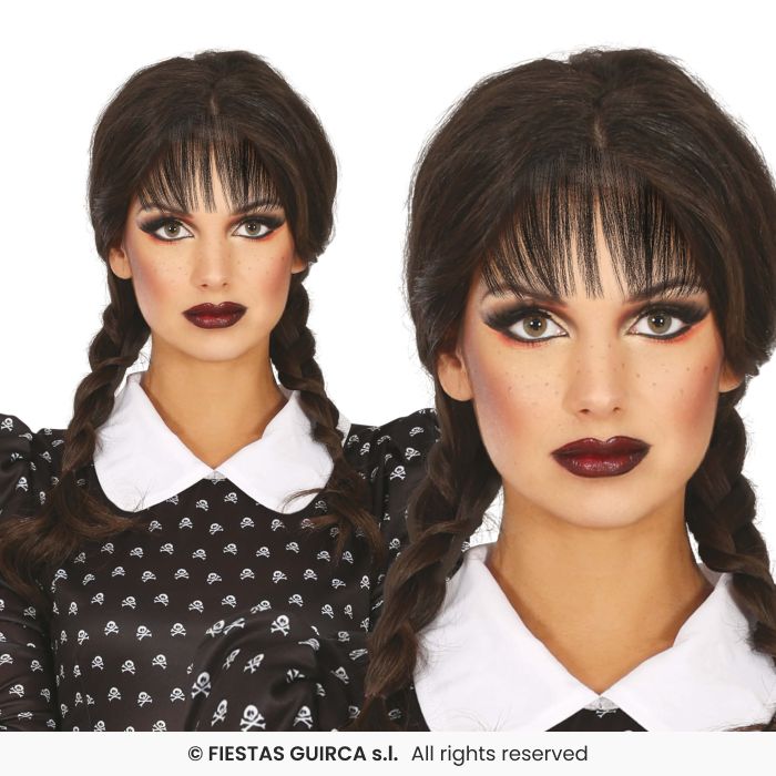 Black Braided Wig With Bangs Ladies Pigtails Fancy Dress Accessory