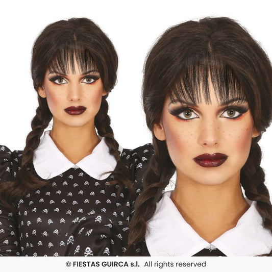 Black Braided Wig With Bangs Ladies Pigtails Fancy Dress Accessory