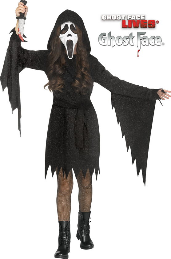 Glitter Ghost Face Fun World Scream Fancy Dress Costume Girls Halloween + Mask