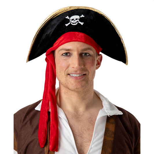 Pirate Hat- Black Gold Trim Red Bandana