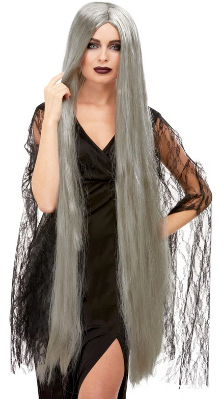 Long Silver Straight Gothic Wig Ladies Morticia Witch Halloween Fancy Dress 120cm