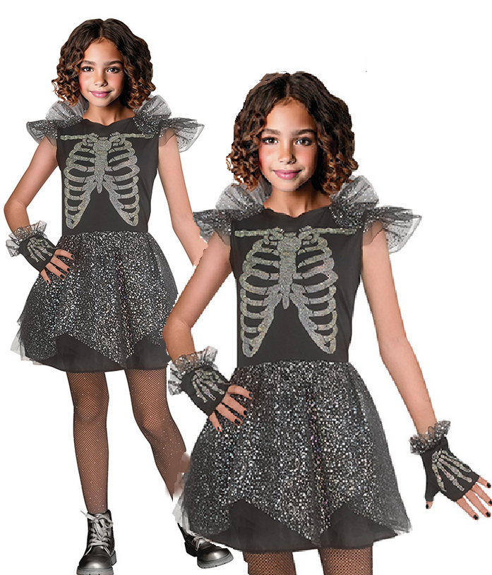 Skele-Bling Girls Deluxe Funworld Fancy Dress Costume Skeleton Halloween Outfit Kids