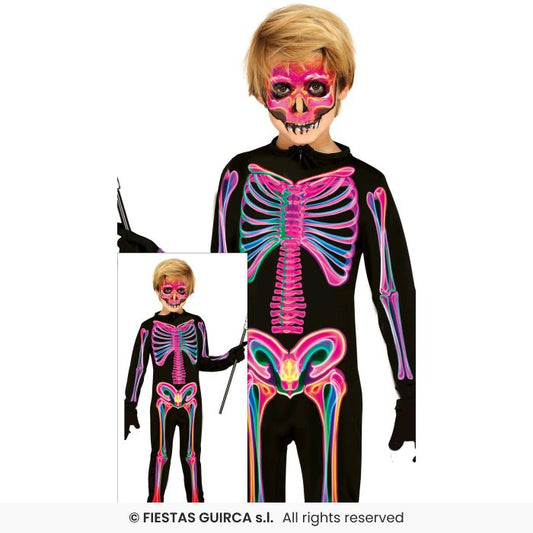 Neon Skeleton Costume Kids Halloween Fancy Dress Outfit Multi Coloured Age 3-12