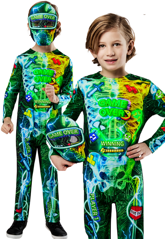 Gamer Skeleton Costume Kids Halloween Fancy Dress Outfit Neon Video Game Age 3-10