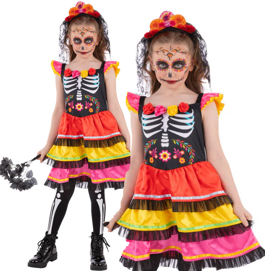 Day of the Dead Fiesta Costume Spanish Skeleton Flamenco Dancer Girls Fancy Dress
