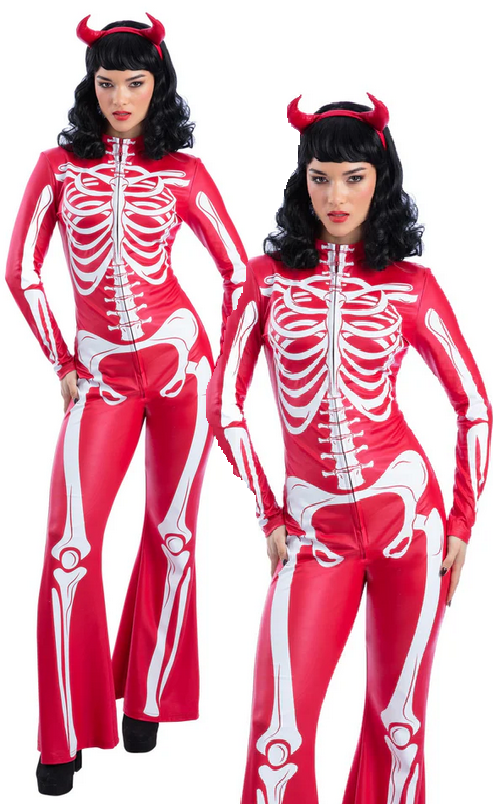 Red Skeleton Jumpsuit Sexy Devil Skeleton Ladies Halloween Fancy Dress Costume