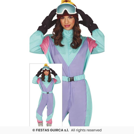 Ladies Purple Neon Retro Skier Costume 1980s Fancy Dress Outfit Ski Instructor M-XL