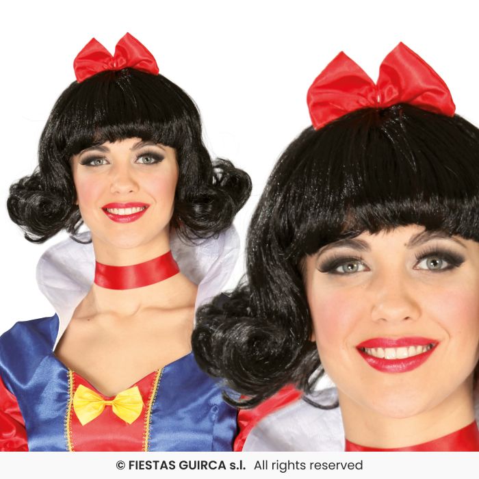 Snow Woman Wig Ladies Fairytale Book Day Fancy Dress Black Wig With Bow
