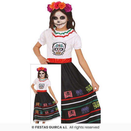 Skull Catrina Costume Spanish Dancer Girls Day Of The Dead Fancy Dress Age 3-12
