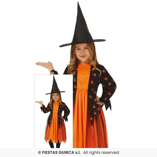 Orange Spider Witch Girls Halloween Witches Fancy Dress Costume Age 3-12