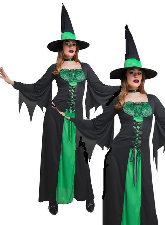 Spellbound Witch Ladies Halloween Costume Gothic Witches Fancy Dress + Hat